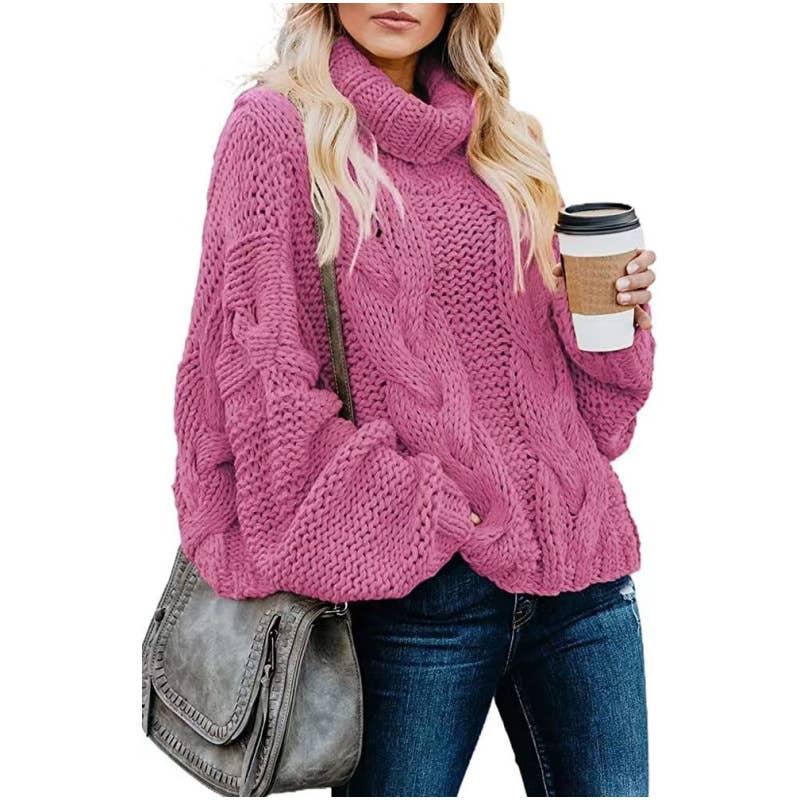 Laid-back solid-color tweed high-neck sweater