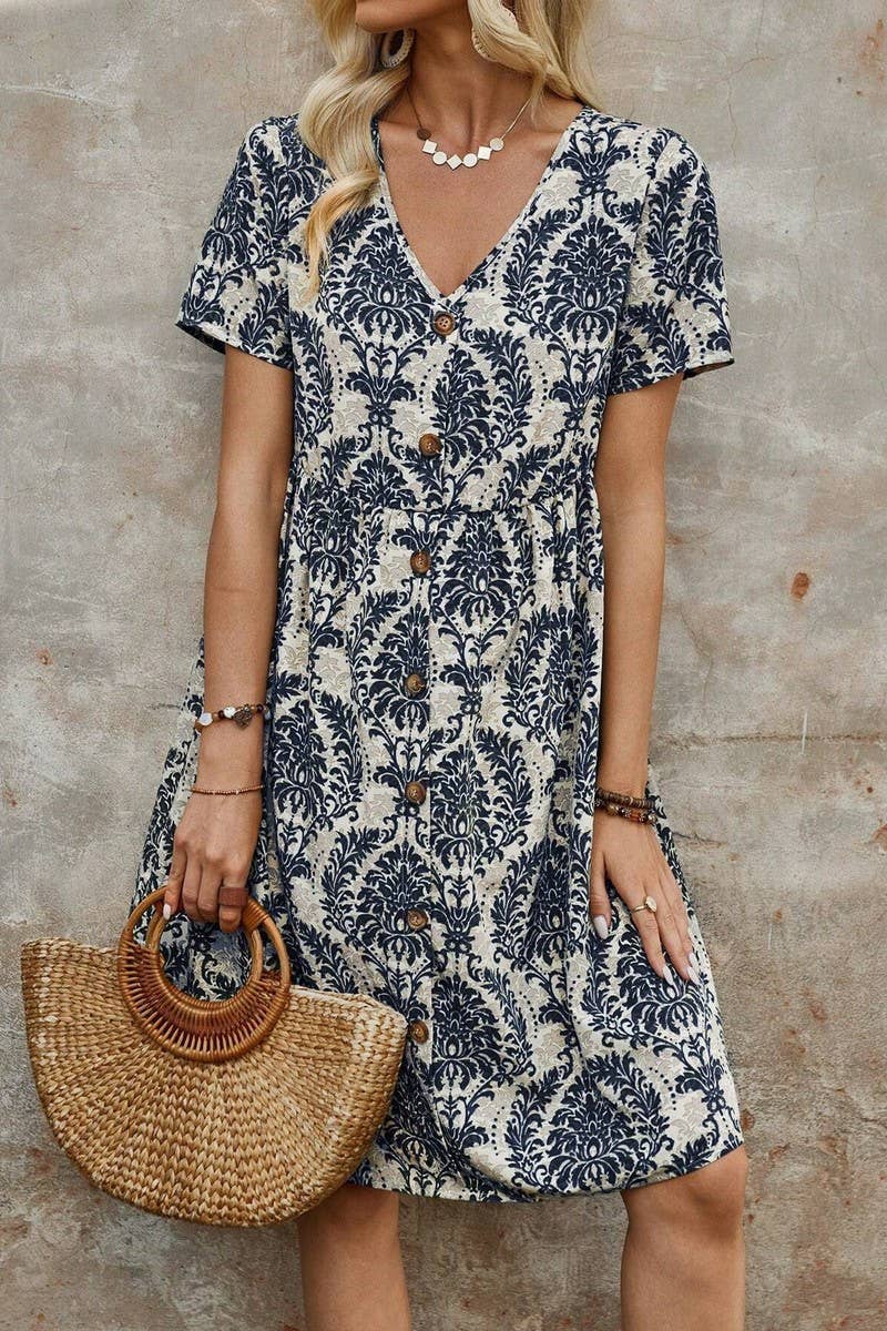 CWDSD7522_SUMMER FASHION PRINTED V-NECK LOOSE DRESS