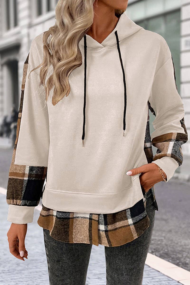 CWOHOL00587_PLAID PATCHWORK BRITISH STYLE HOODED SWEATSHIRT