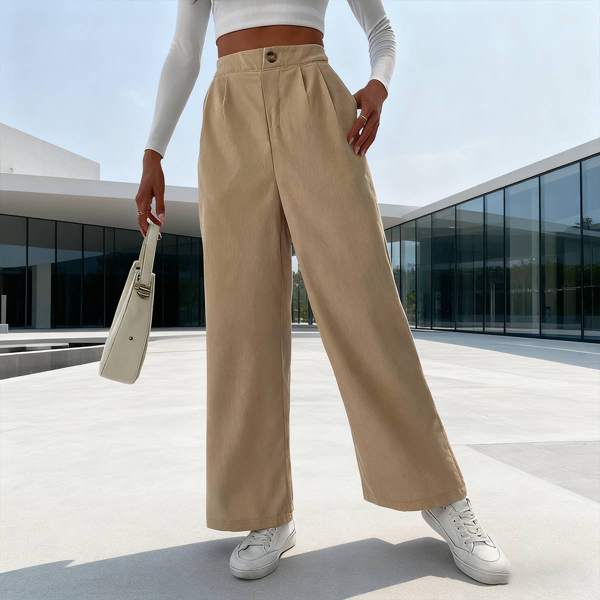 Simple corduroy high-waisted wide-leg pants