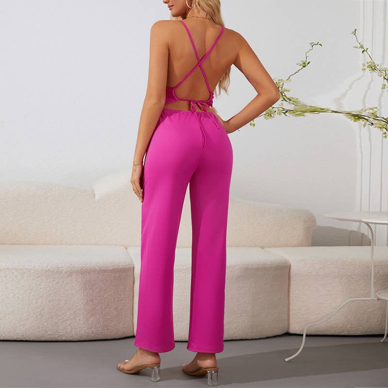 Backless V-Neck Tie Strap Jumpsuit