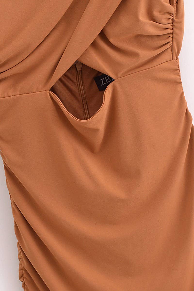 CWDMD4192_SOLID COLOR PLEATED HOLLOW BACKLESS DRESS