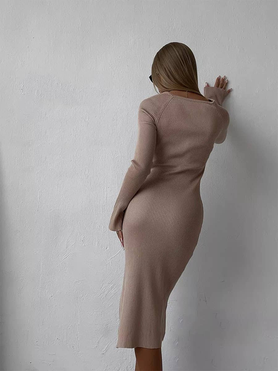 LONG-SLEEVED SLIT TIGHT-WRAPPED HIP SWEATER DRESS