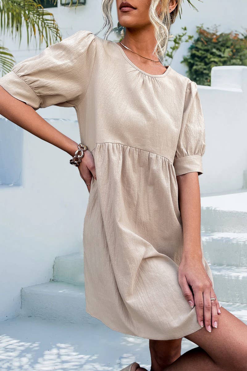 ROUND NECK BUTTON DOWN BUBBLE SLEEVE DRESS_CWDSD2627