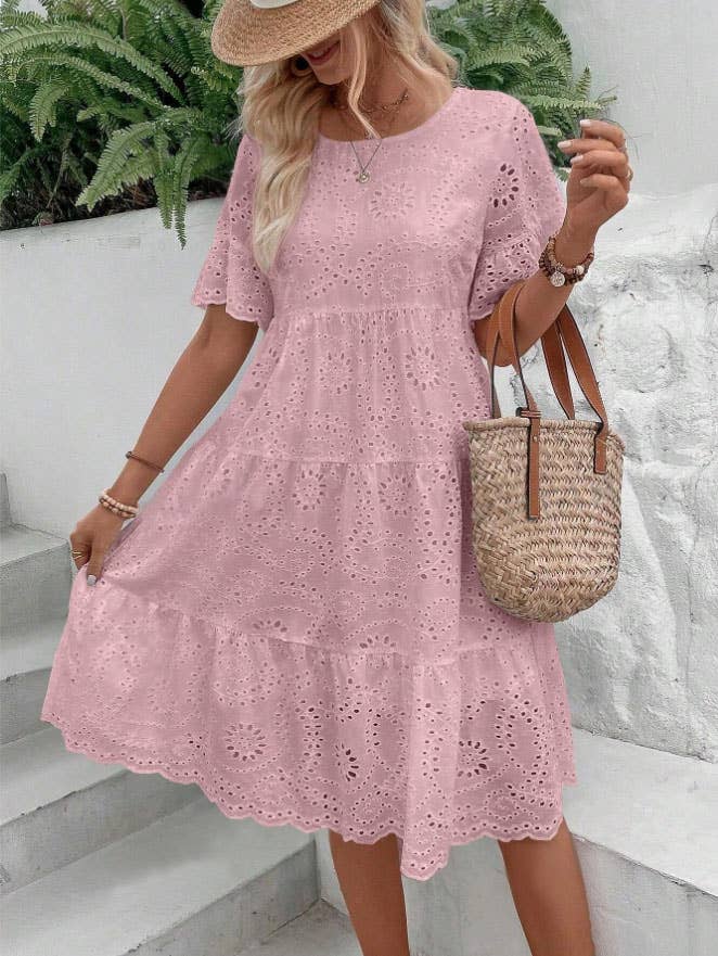SOLID-COLOR COTTON EMBROIDERED LACE CUTOUT DRESS_CWDSD10724