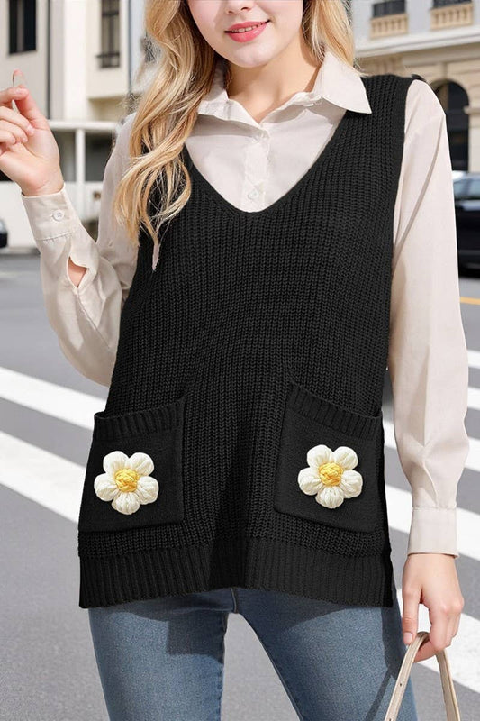 CWOJA00766_WOMEN V-NECK CROCHET PATCHWORK KNIT VEST