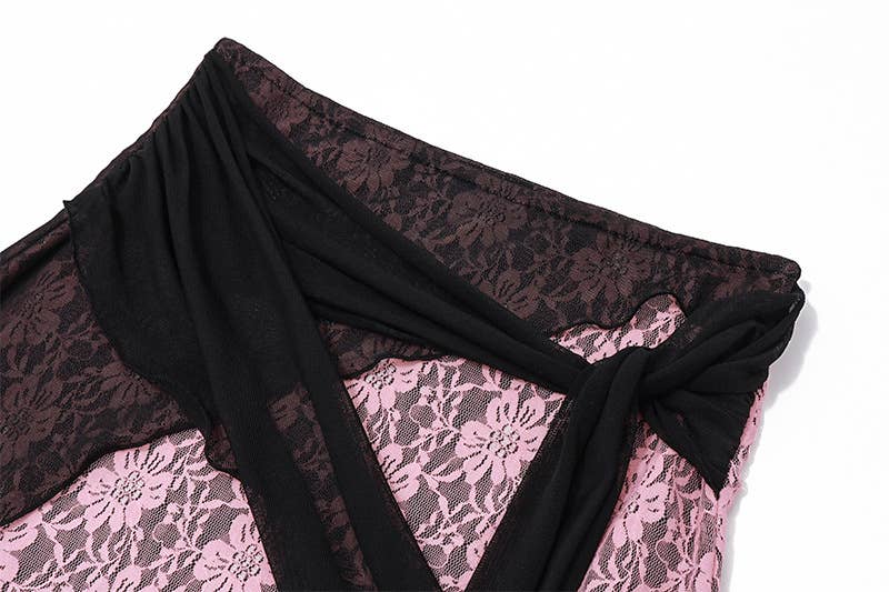 Lace strappy top lace-up cinched waist skirt set