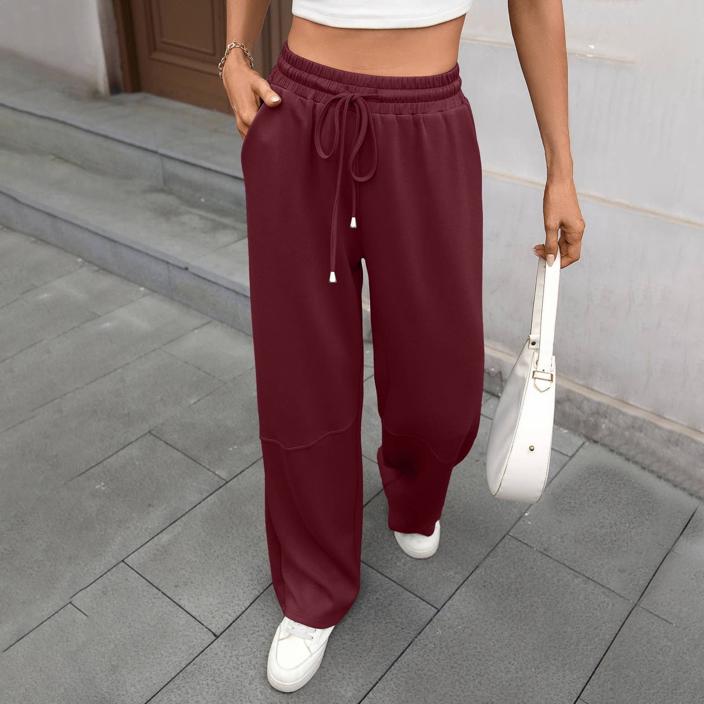 Stretch waist drawstring pocket wide leg pants