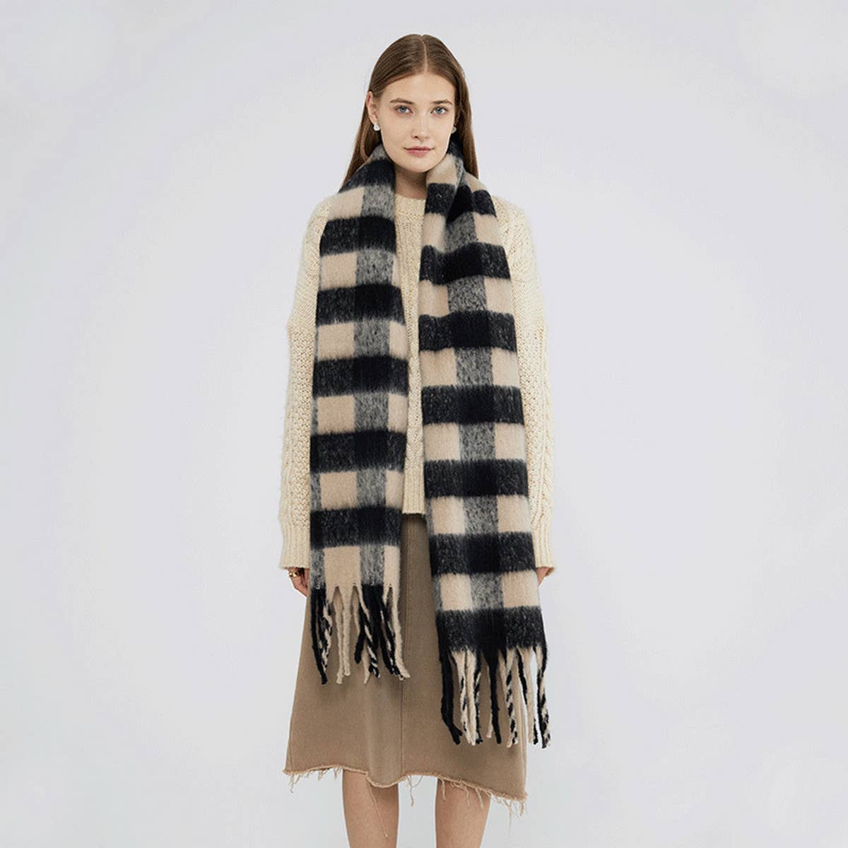 Black & White Plaid Faux Cashmere Scarf_CWASC0324