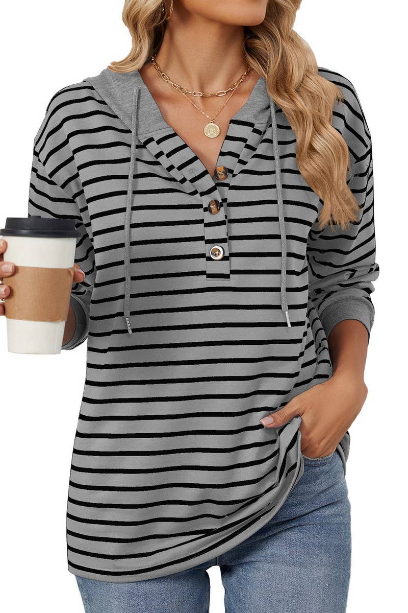 CWOHOL0719_HOODED BUTTON DRAWSTRING LONG SLEEVE SWEATSHIRT