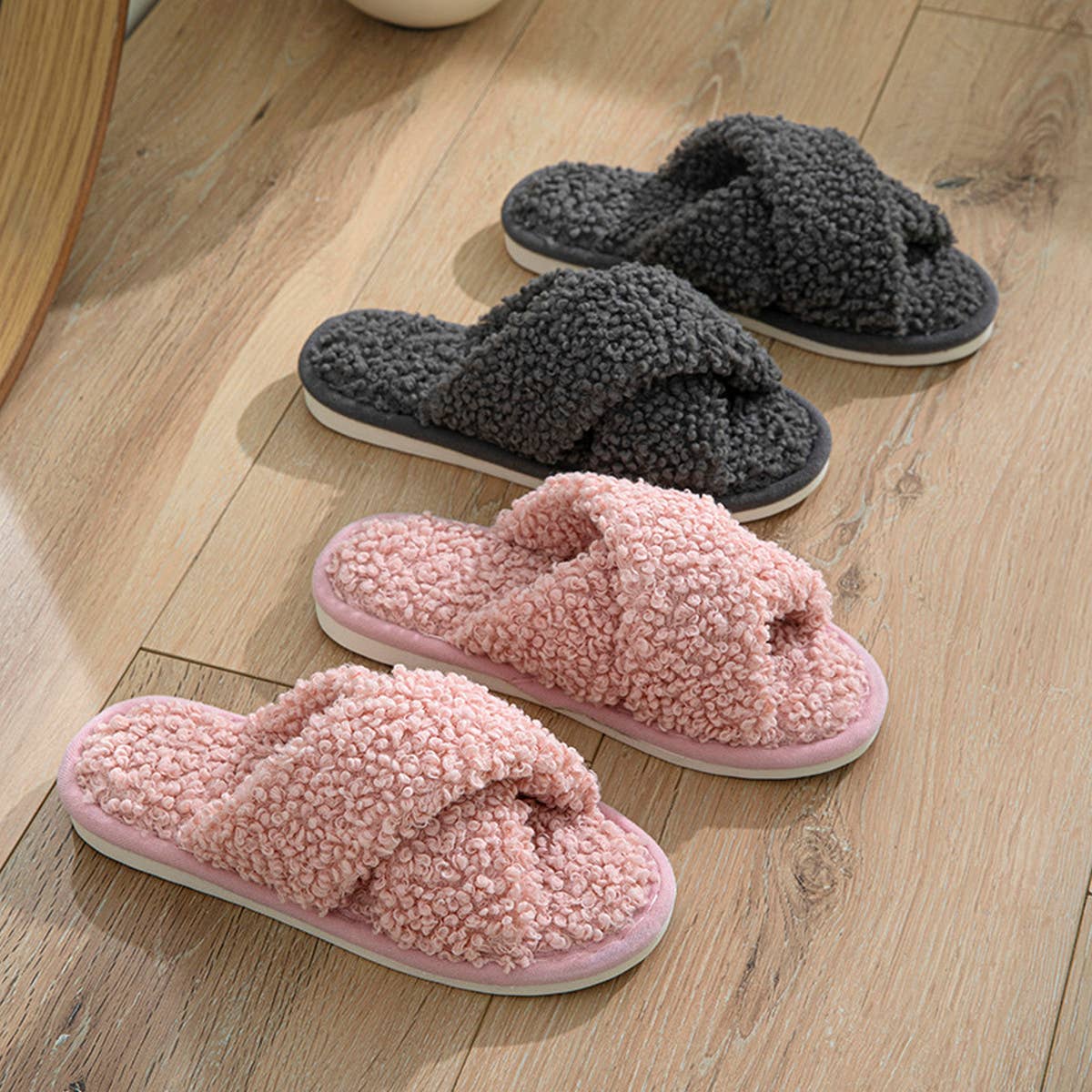 FURRY CROSS STRAP COTTON SLIPPERS