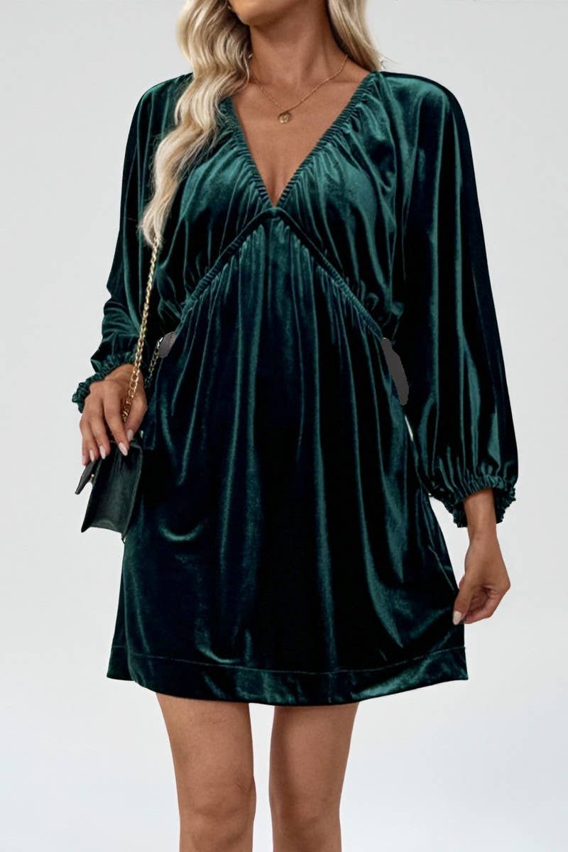 CWDSD10595_LANTERN SLEEVES SHIRRED DEEP V NECK VELVET DRESS