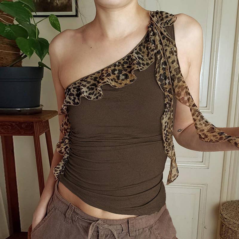 Leopard print spliced wooden ear trim vest