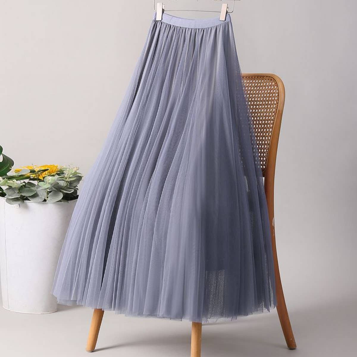 SOLID COLOR ELASTIC-WAIST MESH TULLE A-LINE SKIRT_CWBLS0372