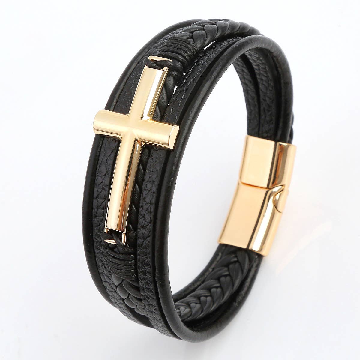 NEW LEATHER HANDWOVEN GOLD MAGNET BUCKLE BRACELET