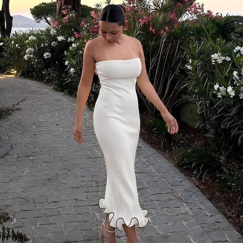 Strapless Ruffle Hem Bodycon Maxi Dress