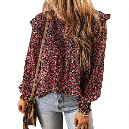RUFFLED CREW-NECK FLORAL PRINT CHIFFON SHIRT