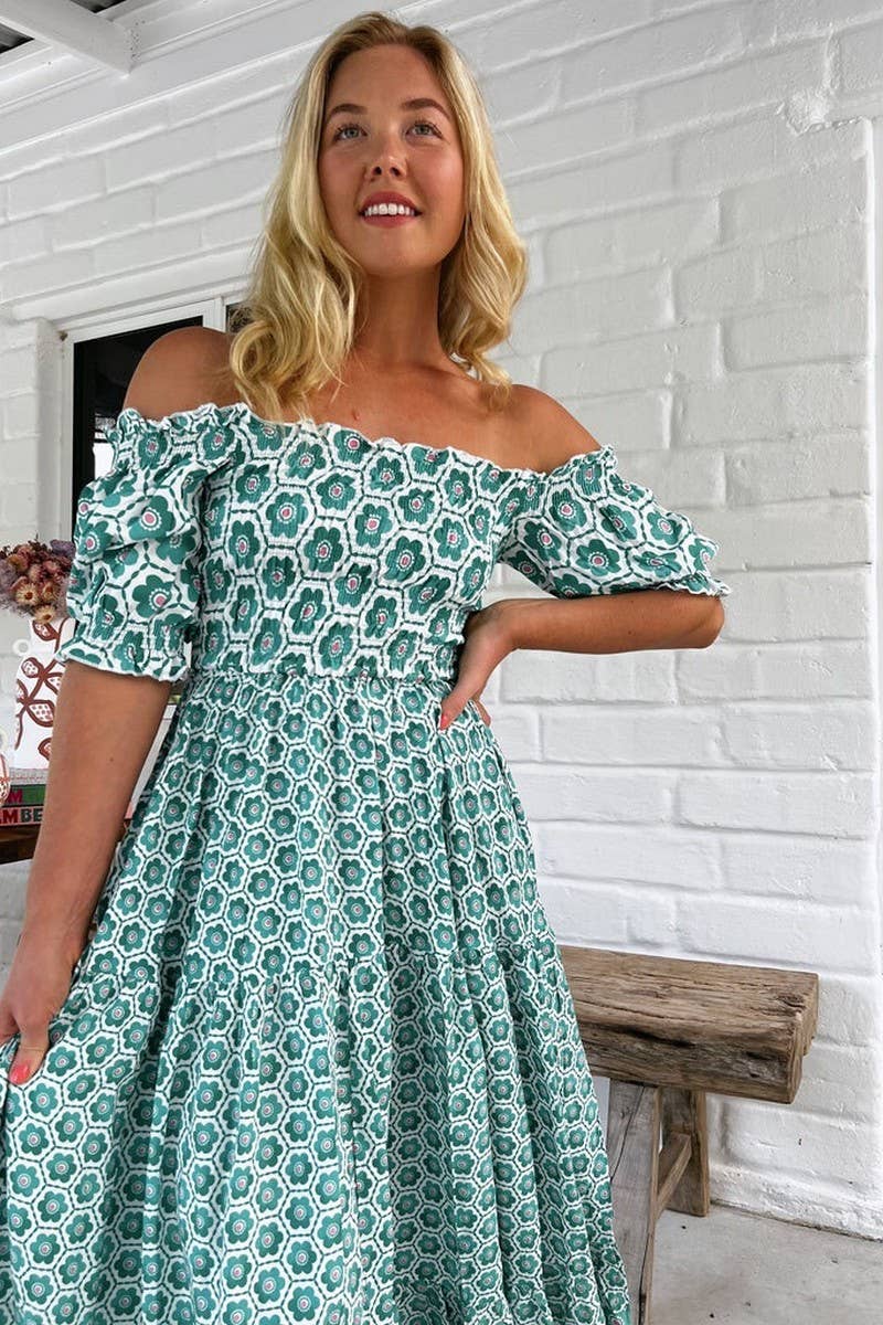 CWDMD5185_FLORAL PUFF SLEEVE OFF-SHOULDER FLARED DRESS