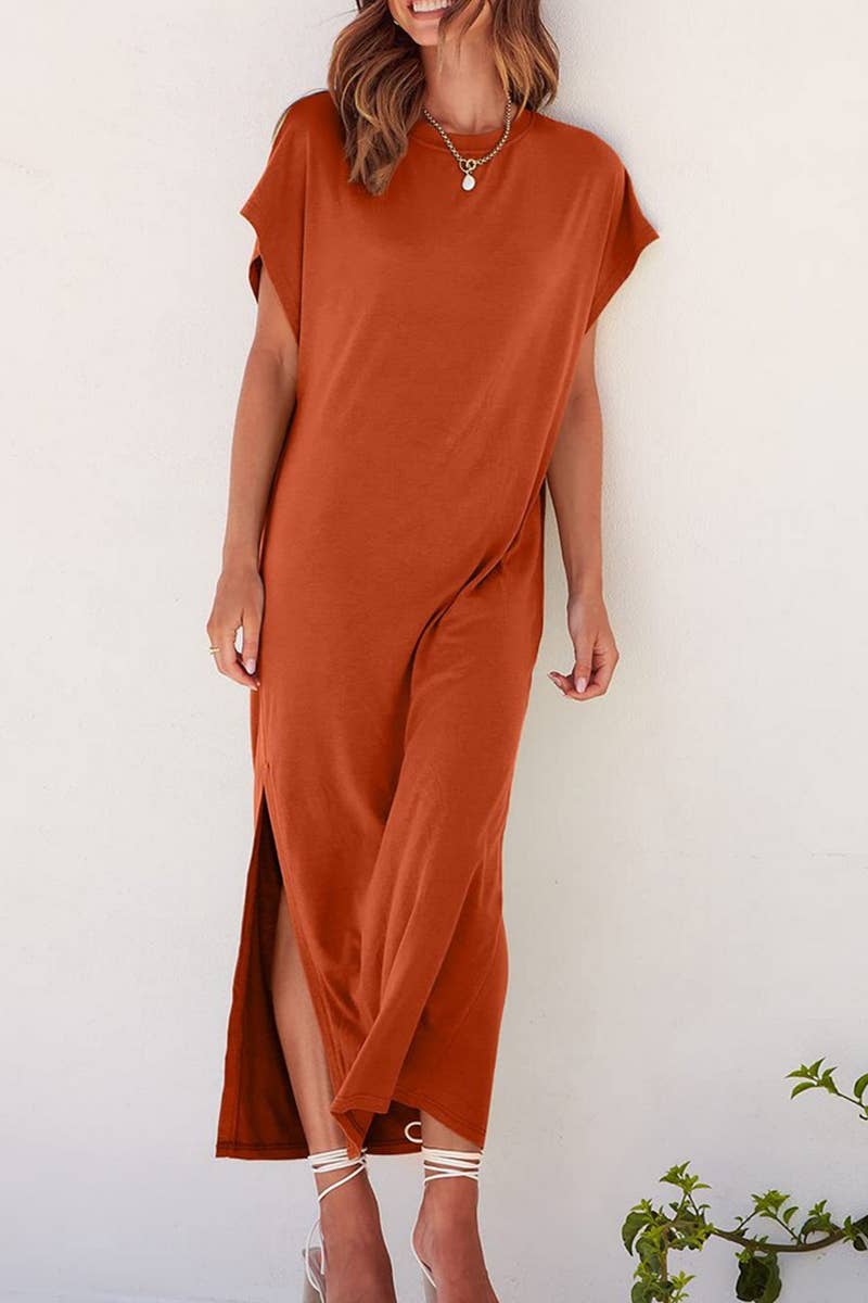 CWDMD4867_ROUND NECK CASUAL LOOSE SLIT SIDE LONG BEACH DRESS