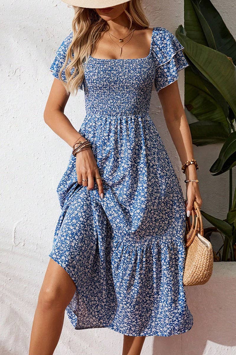 CWDMD5702_BOHEMIAN CASUAL HOLIDAY FLORAL SHORT-SLEEVED DRESS