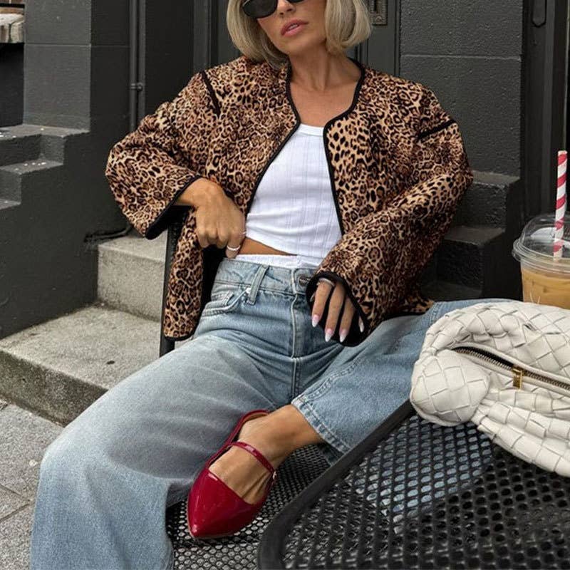 Vintage leopard print crew neck cropped cardigan jacket