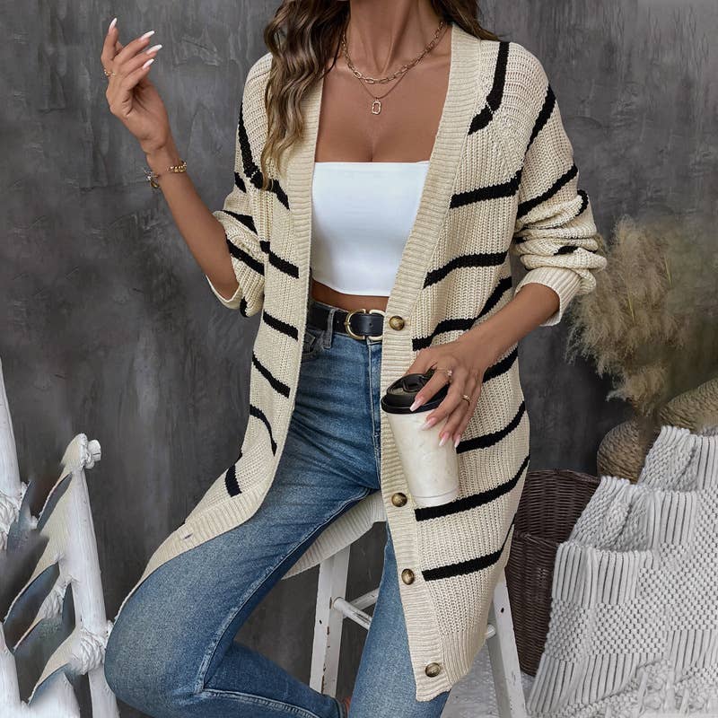Striped jacquard single-breasted long cardigan