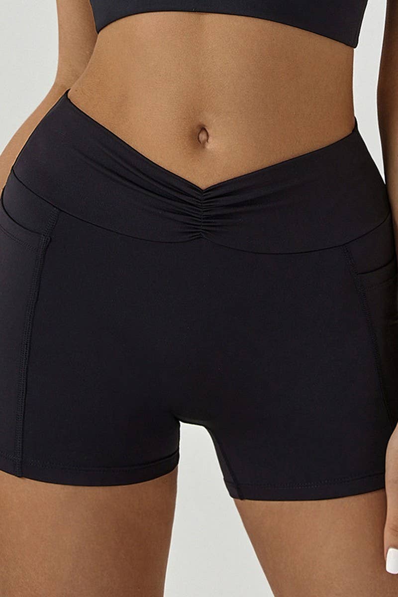 CWBSP0443_PLEATED POCKET HIGH WAIST FITNESS YOGA SHORTS