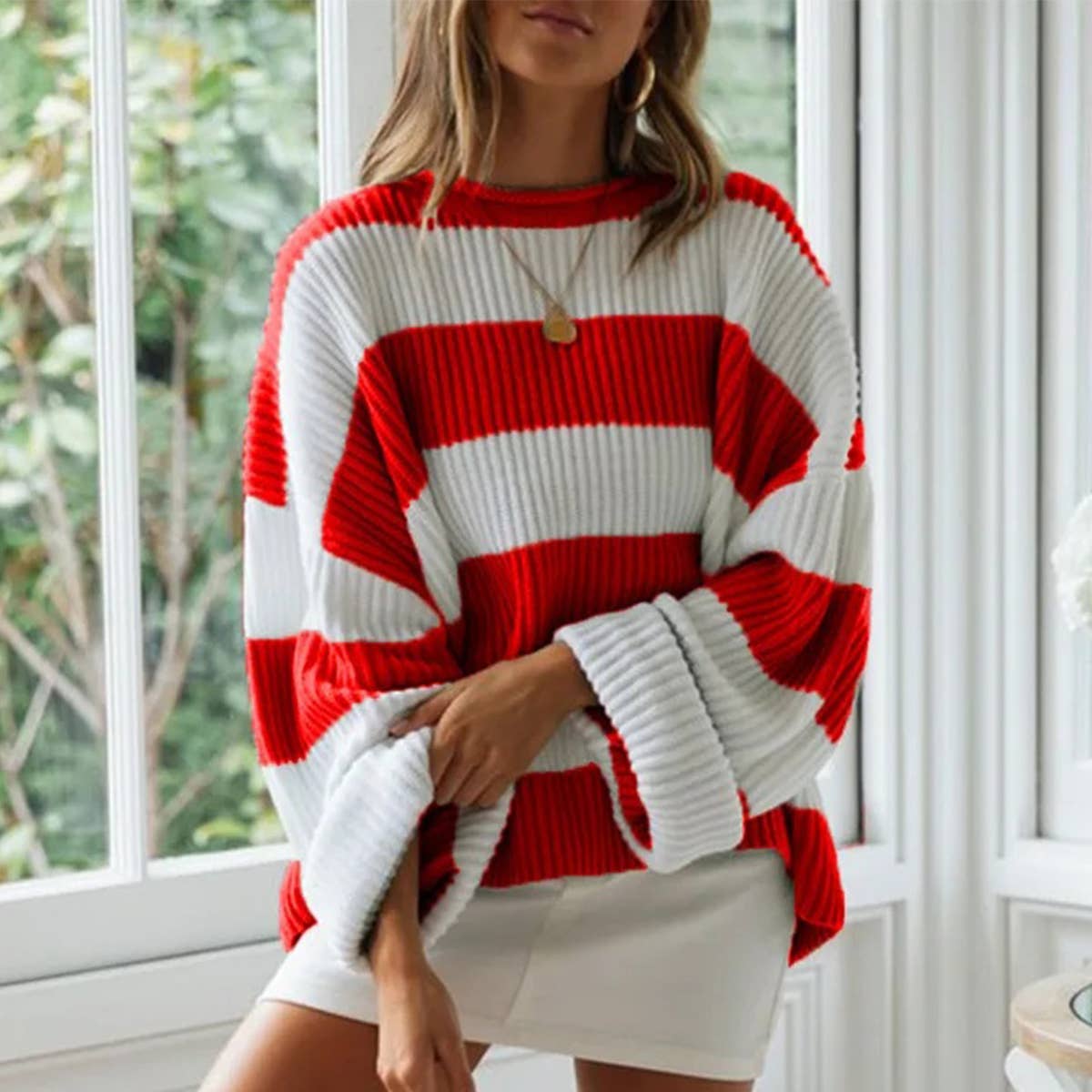 Temperament crew-neck long sleeve color striped sweater