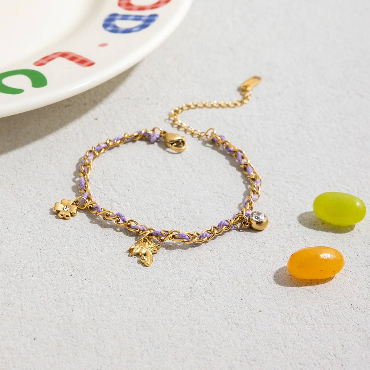 Romantic 18K Gold Clover & Palm Charm Bracelet