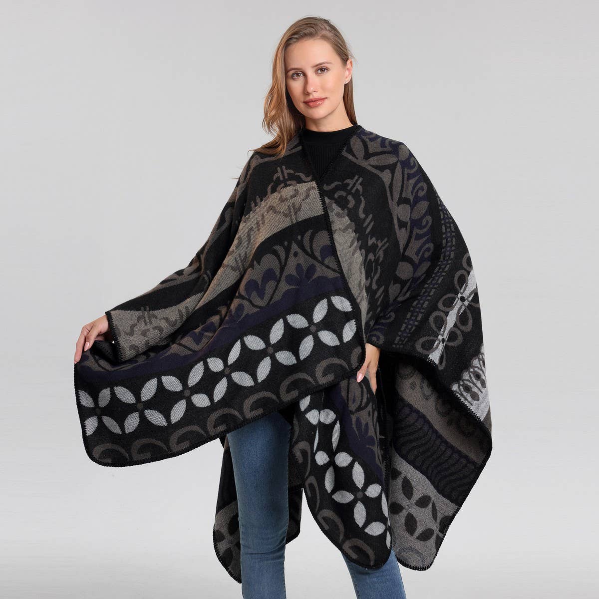 SHAWL SCARF KNITTED JACQUARD SLIT CAPE
