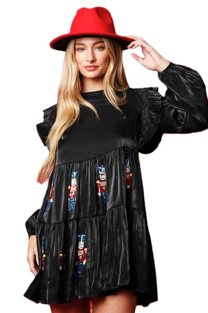 CWDSD10902_SEQUIN SOLDIER EMBROIDERY LONG SLEEVE DRESS