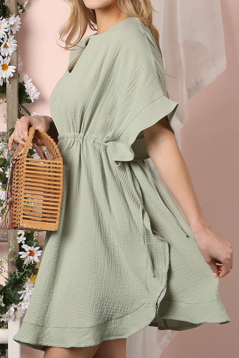 CWDSD10360_DRAWSTRING WAIST SOFT COTTON RUFFLE HEM DRESS