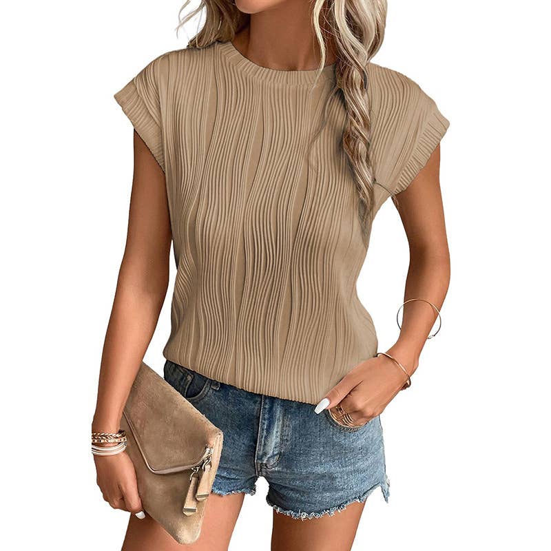 SOLID TEXTURED SHORT SLEEVE PULLOVER TOP