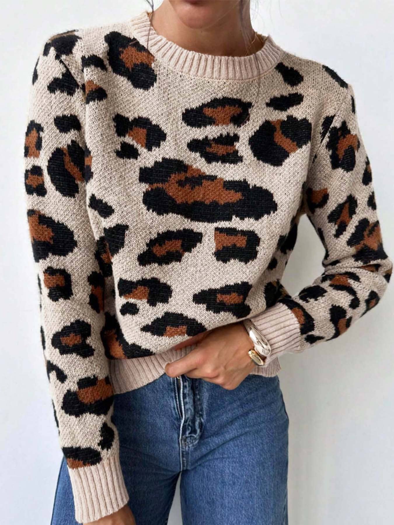 Round-neck retro leopard print pullover sweater