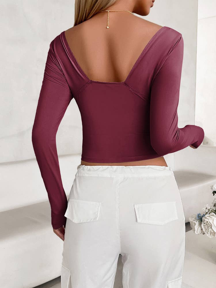 SOLID COLOR SLIM V-NECK LONG SLEEVE BASE SHIRT