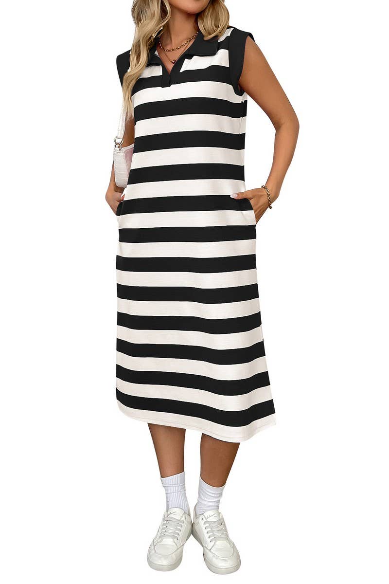 CWDMD4896_SUMMER STRIPED POCKET LAPEL SLEEVELESS LONG DRESS