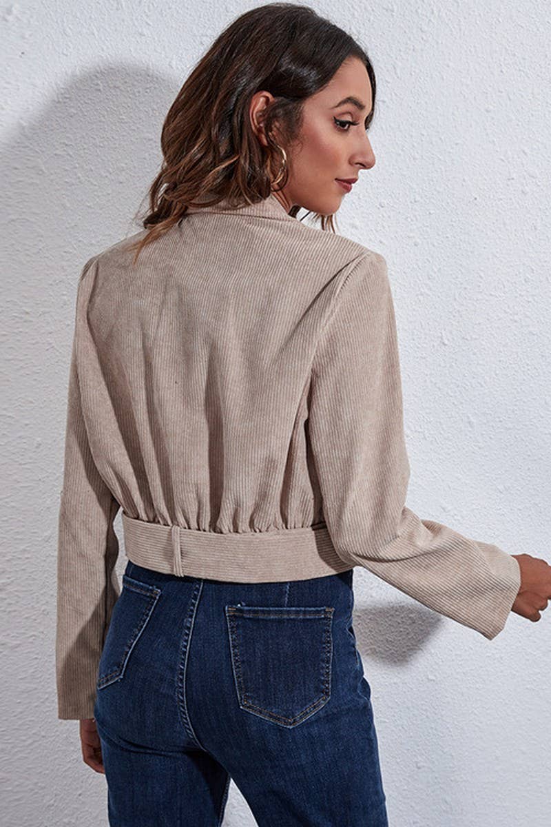 CWOCO0441_SOLID COLOR LAPEL COLLAR BELT SHORT COAT