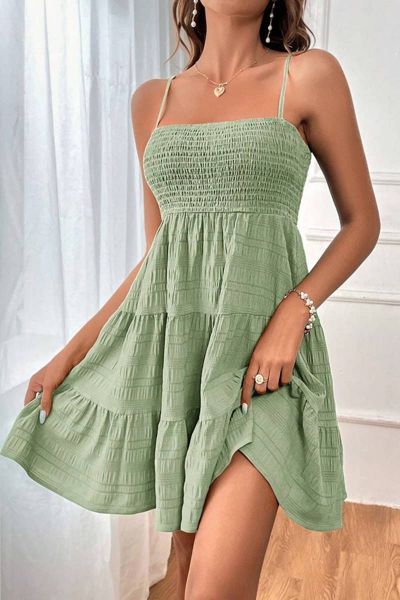 CWDHL0739_SUMMER SOLID COLOR TEXTURED SUSPENDER DRESS