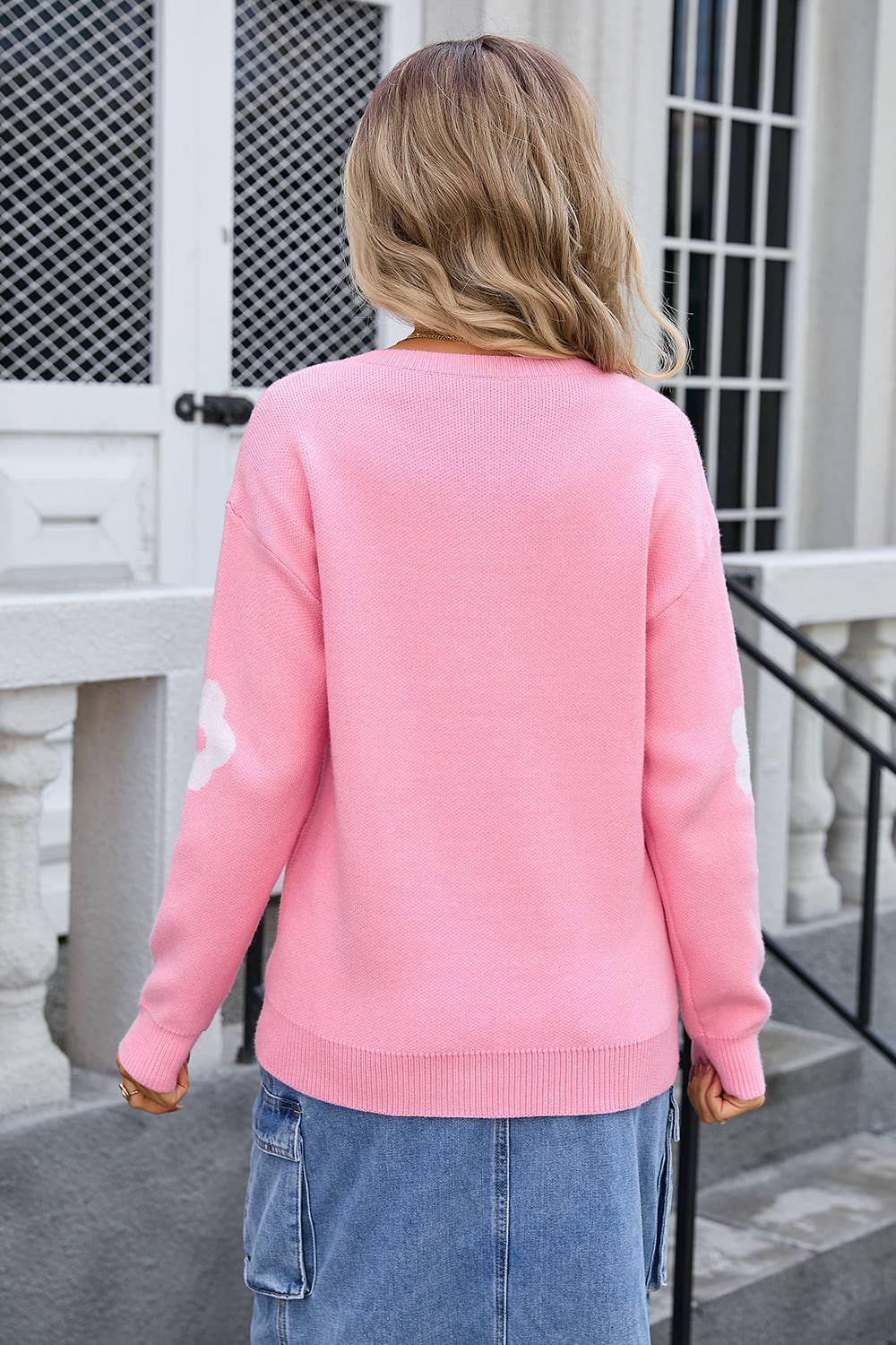 SWEATER V-NECK LONG SLEEVE FLOWER KNIT