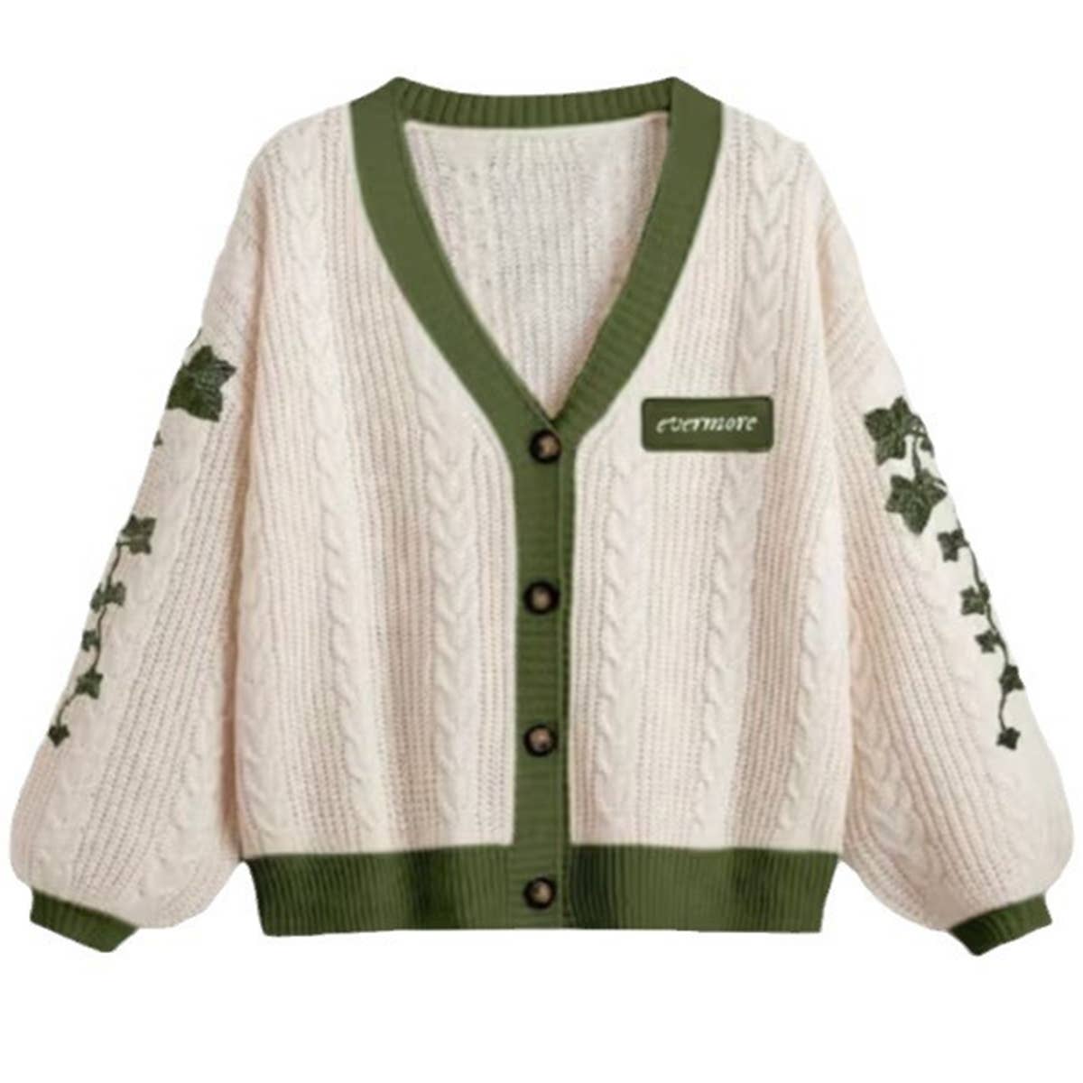 LEAF EMBROIDERY LANTERN SLEEVE LOOSE CARDIGAN