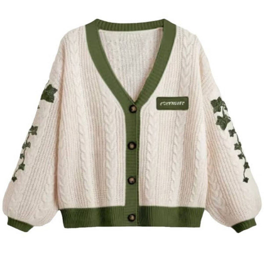 LEAF EMBROIDERY LANTERN SLEEVE LOOSE CARDIGAN