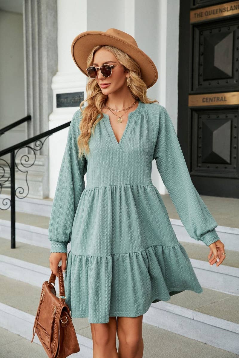 CWDSD6464_AUTUMN WINTER V-NECK LONG-SLEEVED DRESS SHORT