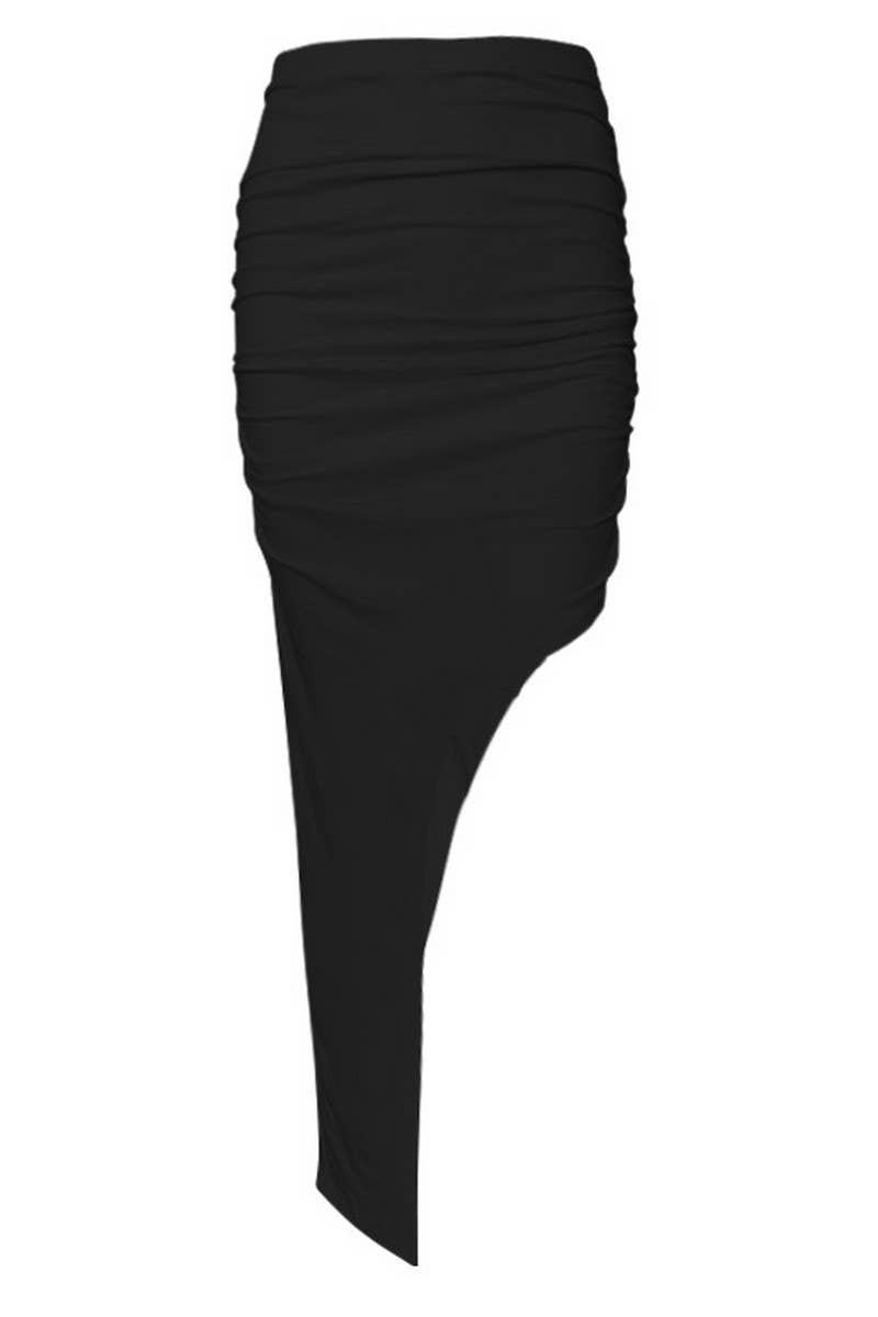 CWBMS0345_SOLID ASYMMETRIC GATHERED SKIRT