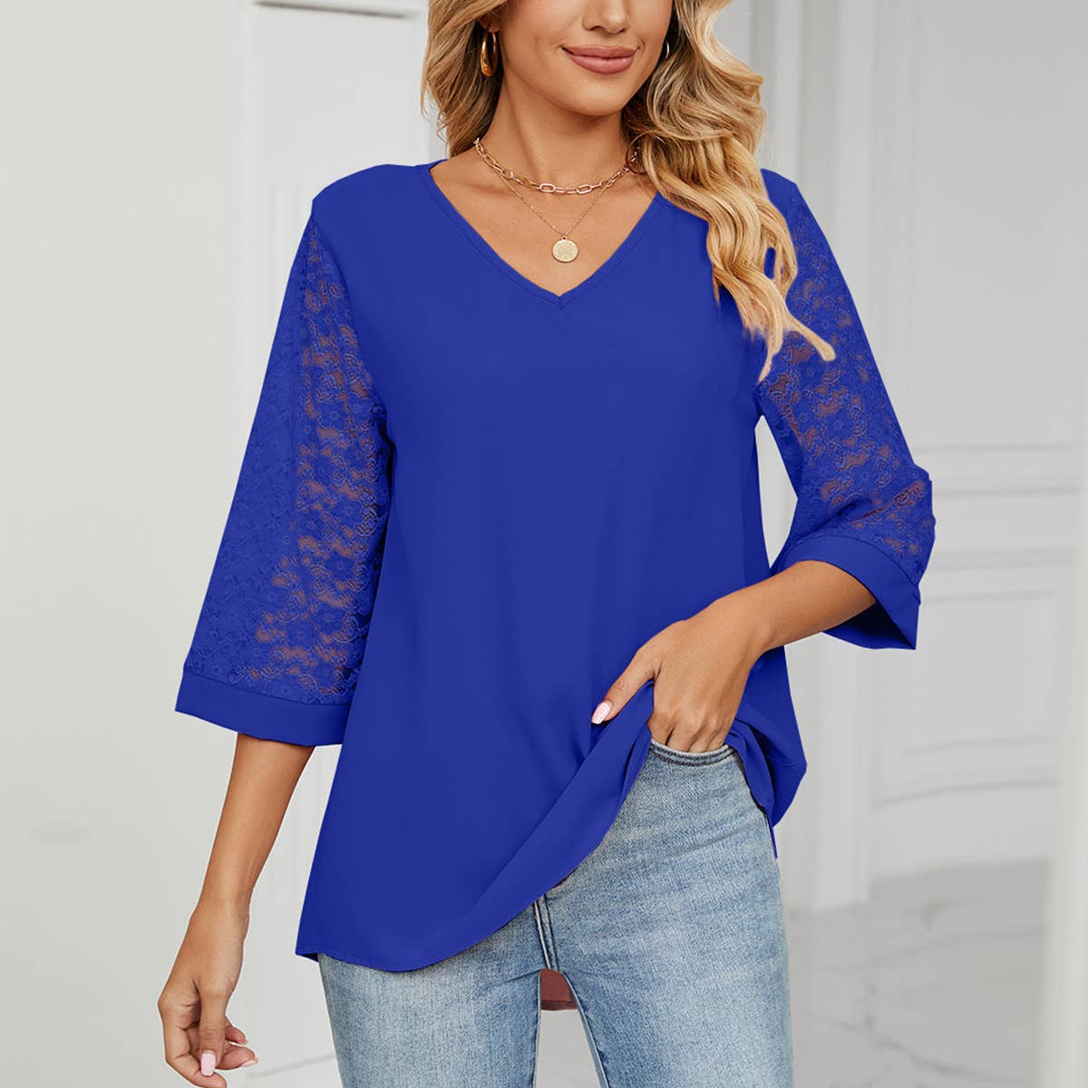 LACE HORN SLEEVE PATCHWORK CHIFFON BLOUSE