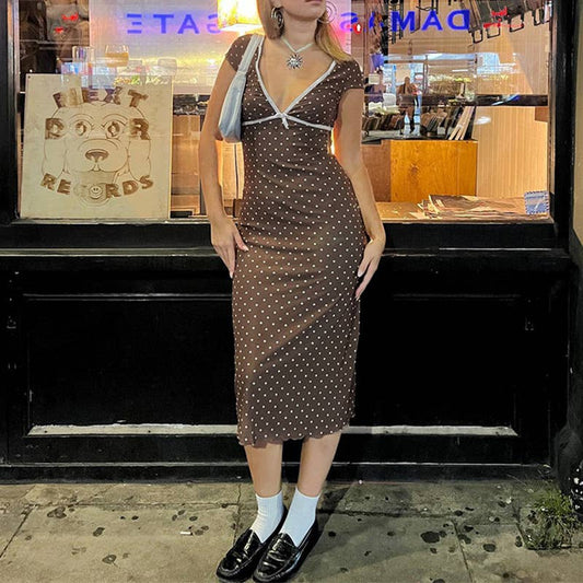 Polka dot print short-sleeved mid-length dress