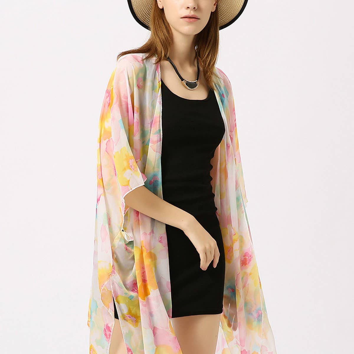 MULTICOLOR FLORAL PRINT OPEN FRONT KIMONO CARDIGAN