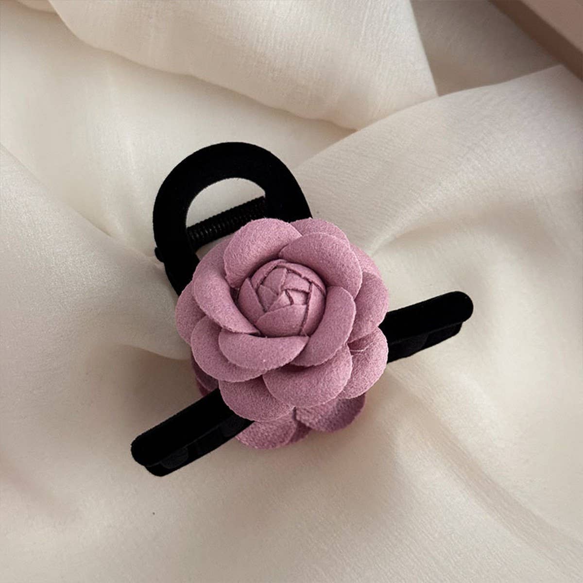 NEW BLACK VELVET PINK CAMELLIA HAIRPIN