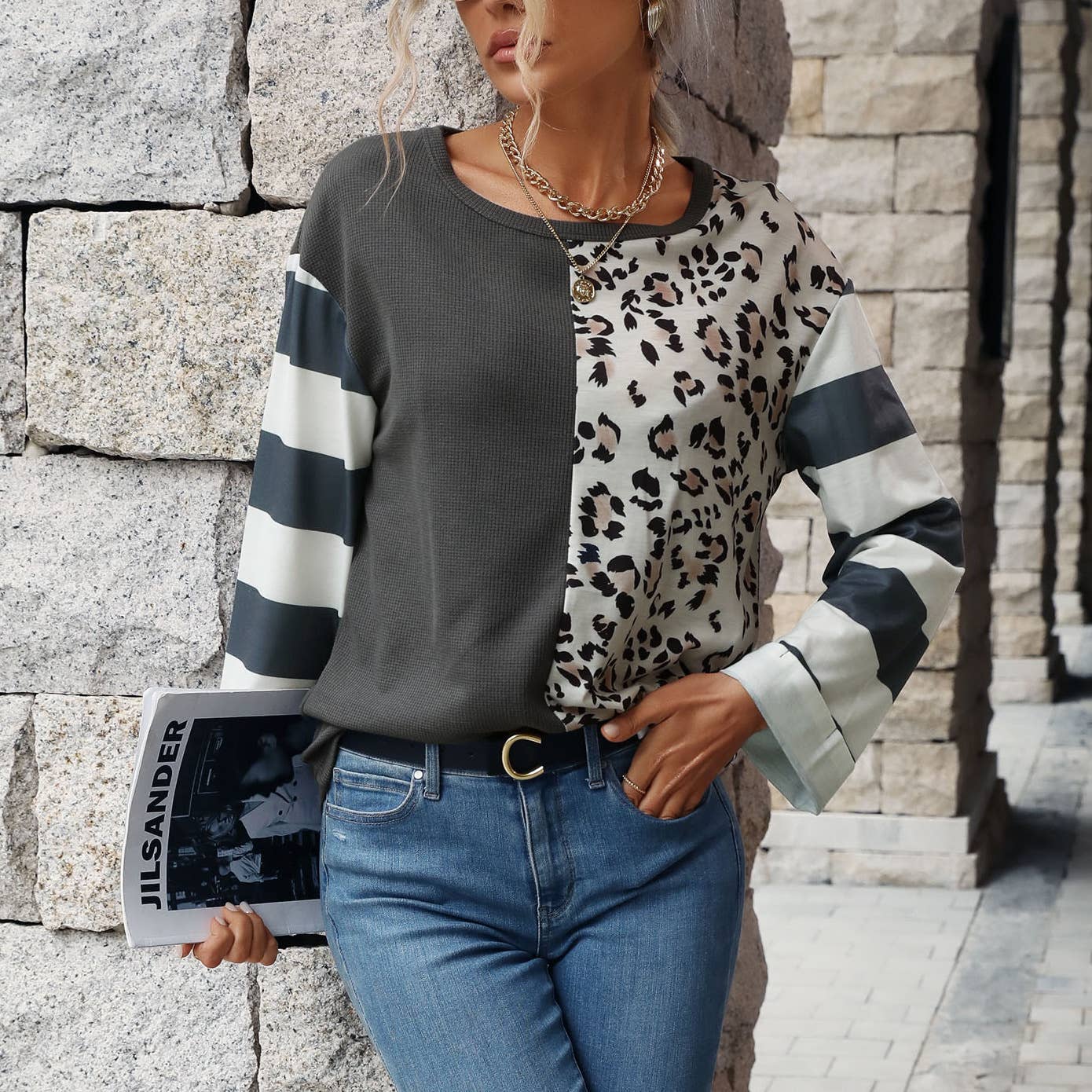 Patchwork Top Waffle Knit Fashion Pullover Hoodie