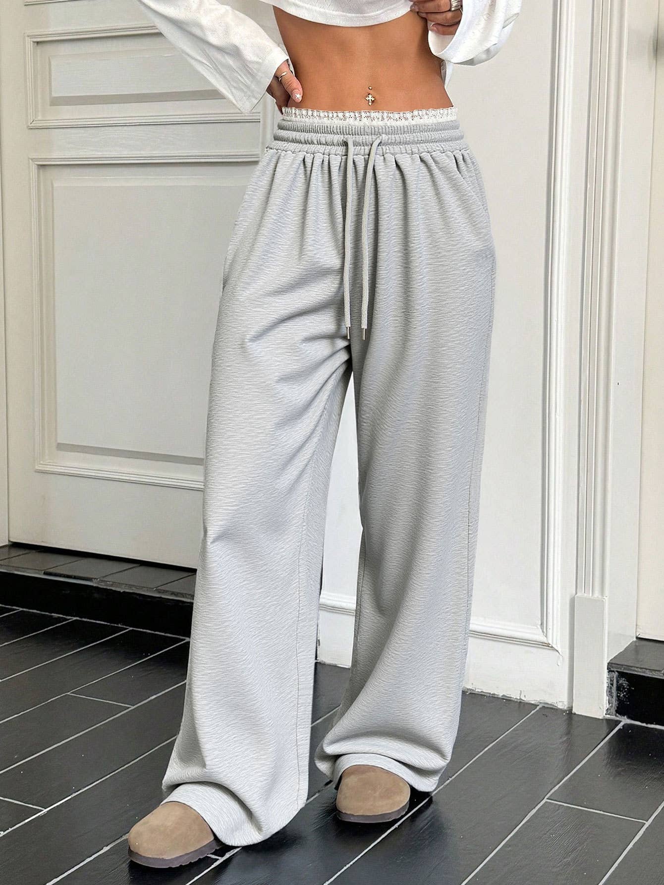 Lace lace-trimmed wide-leg casual trousers