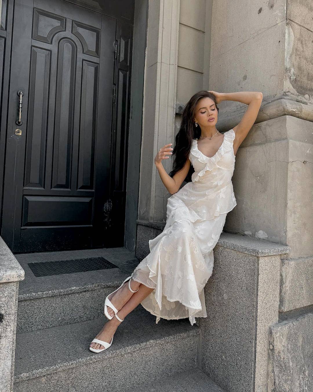 Ruffle V-neck high waist elegant fashion dress